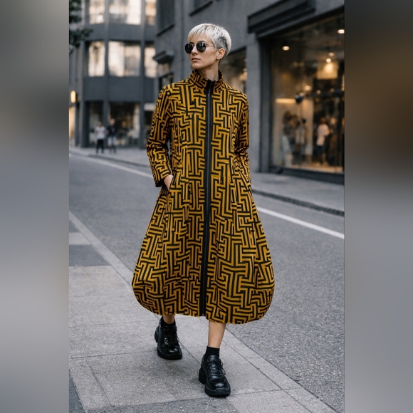 Zadie B'S Dresses & Skirts - Avant Garde Geometric Print Bubble Hem Dress Zip Front Artwear Mustard Black M